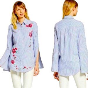MERONA Blue & White Stripe With Embroidered Pink Roses Very Boho Bell Sleeves